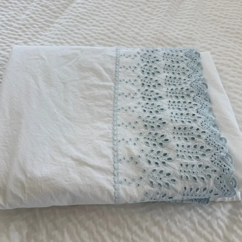 Rachel Ashwell Shabby Chic Queen Flat Sheet Blue Eyelet Lace Cotton Cottage
